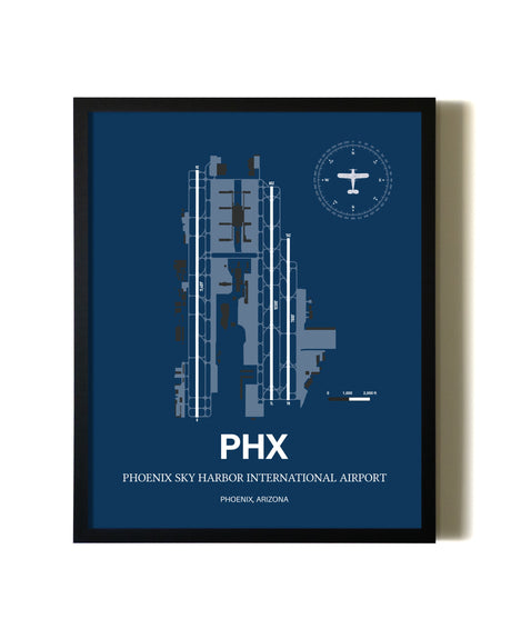 Aviation Blue Framed Phoenix Sky Harbor International Airport layout wall art poster