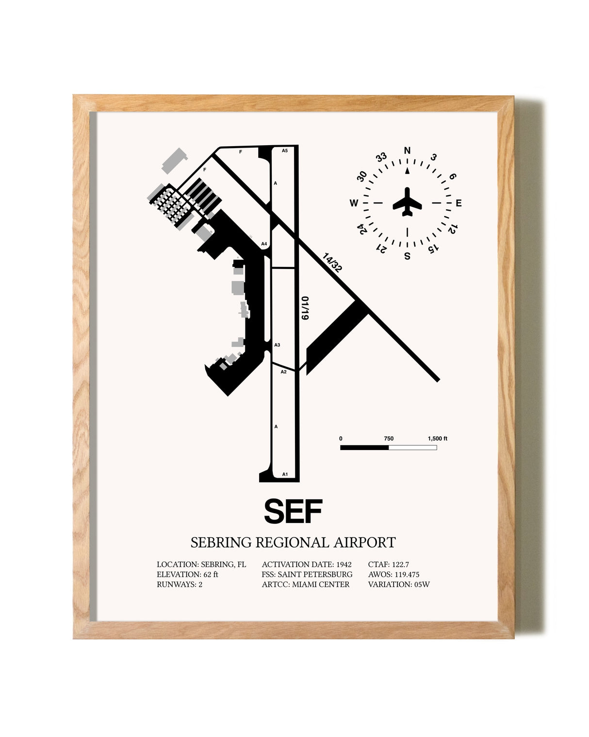 Sebring Regional Airport framed print in natural wood frame