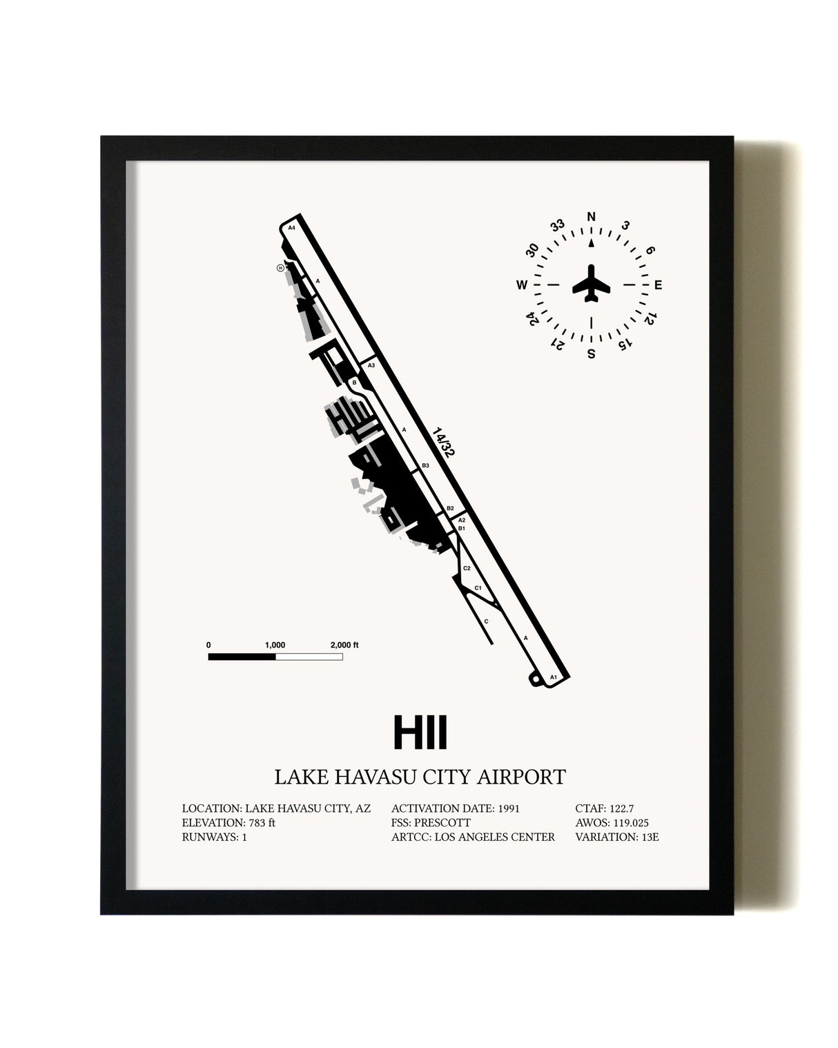 Framed Lake Havasu City Airport wall art poster in black frame