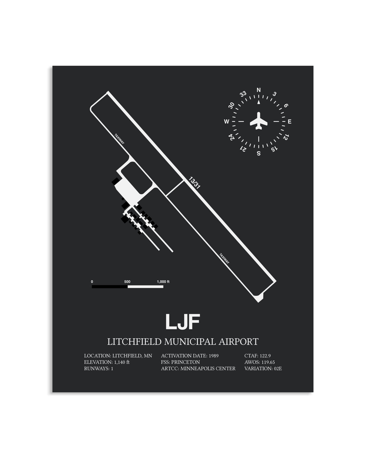 Gray Framed Litchfield Municipal Airport layout wall art poster