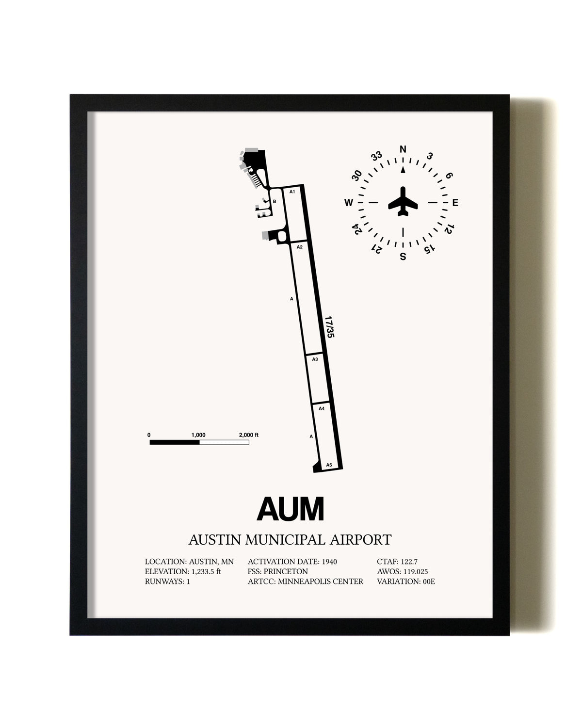 Framed Austin Municipal Airport wall art poster in black frame