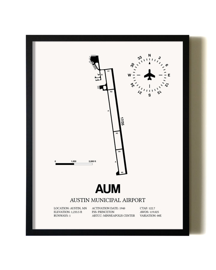Framed Austin Municipal Airport wall art poster in black frame