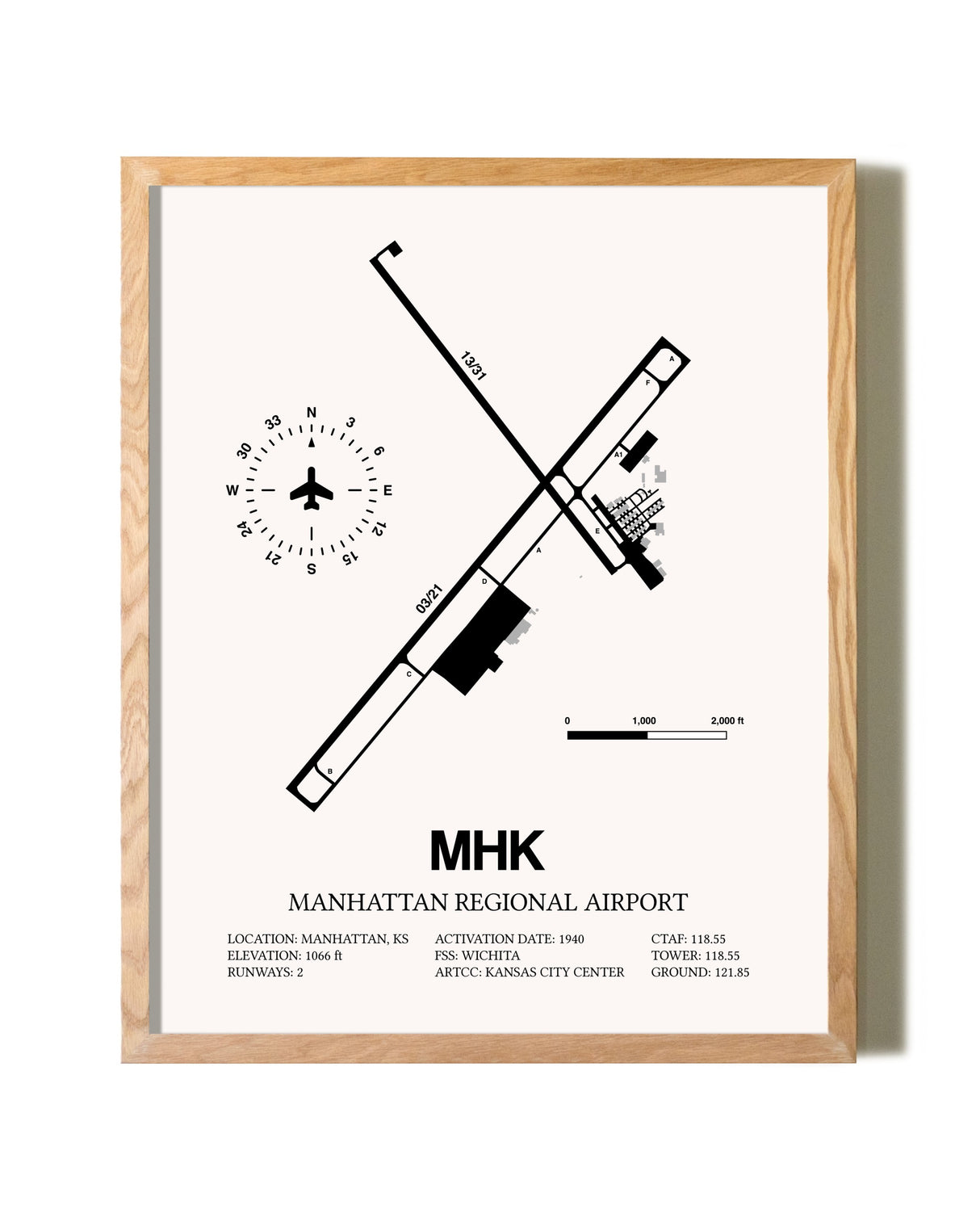 Manhattan Regional Airport framed print in natural wood frame