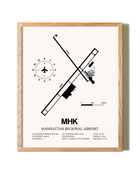 Manhattan Regional Airport framed print in natural wood frame