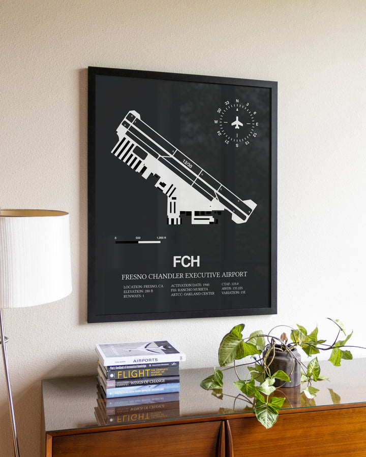 Gray Framed Fresno Chandler Executive Airport wall art poster in black frame