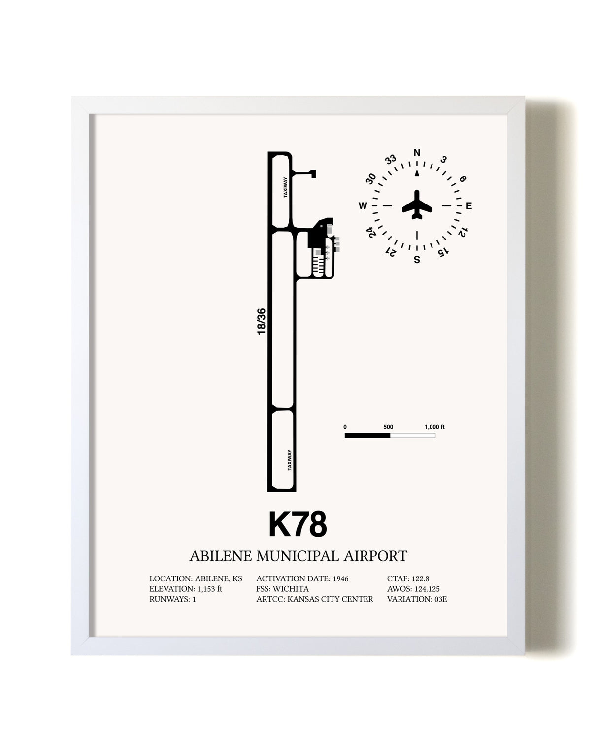 Abilene Municipal Airport airport map poster in oak frame