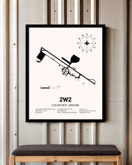 Clearview Airpark framed poster displayed in an airplane hangar