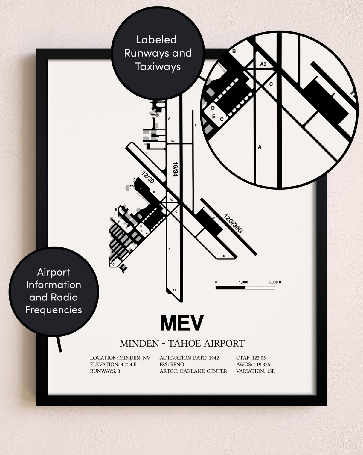 Framed Minden-Tahoe Airport layout wall art poster