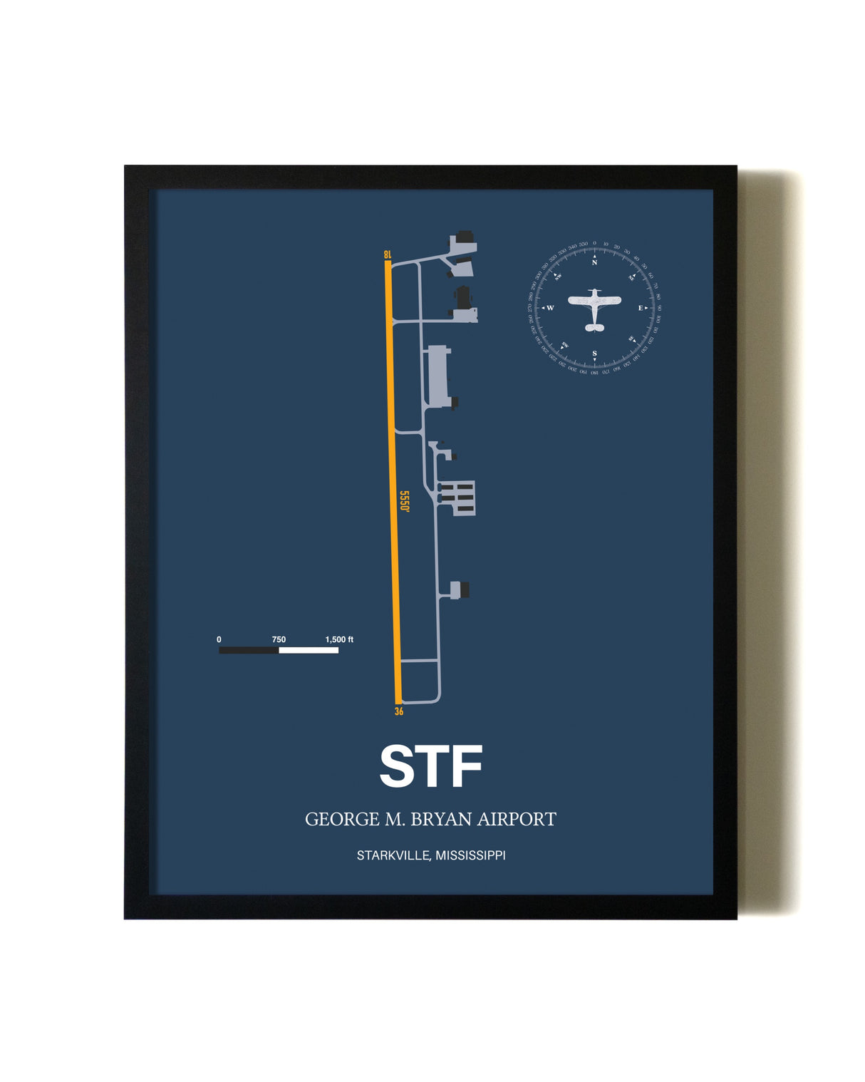 Blue and Yellow Framed George M. Bryan Airport wall art poster in black frame