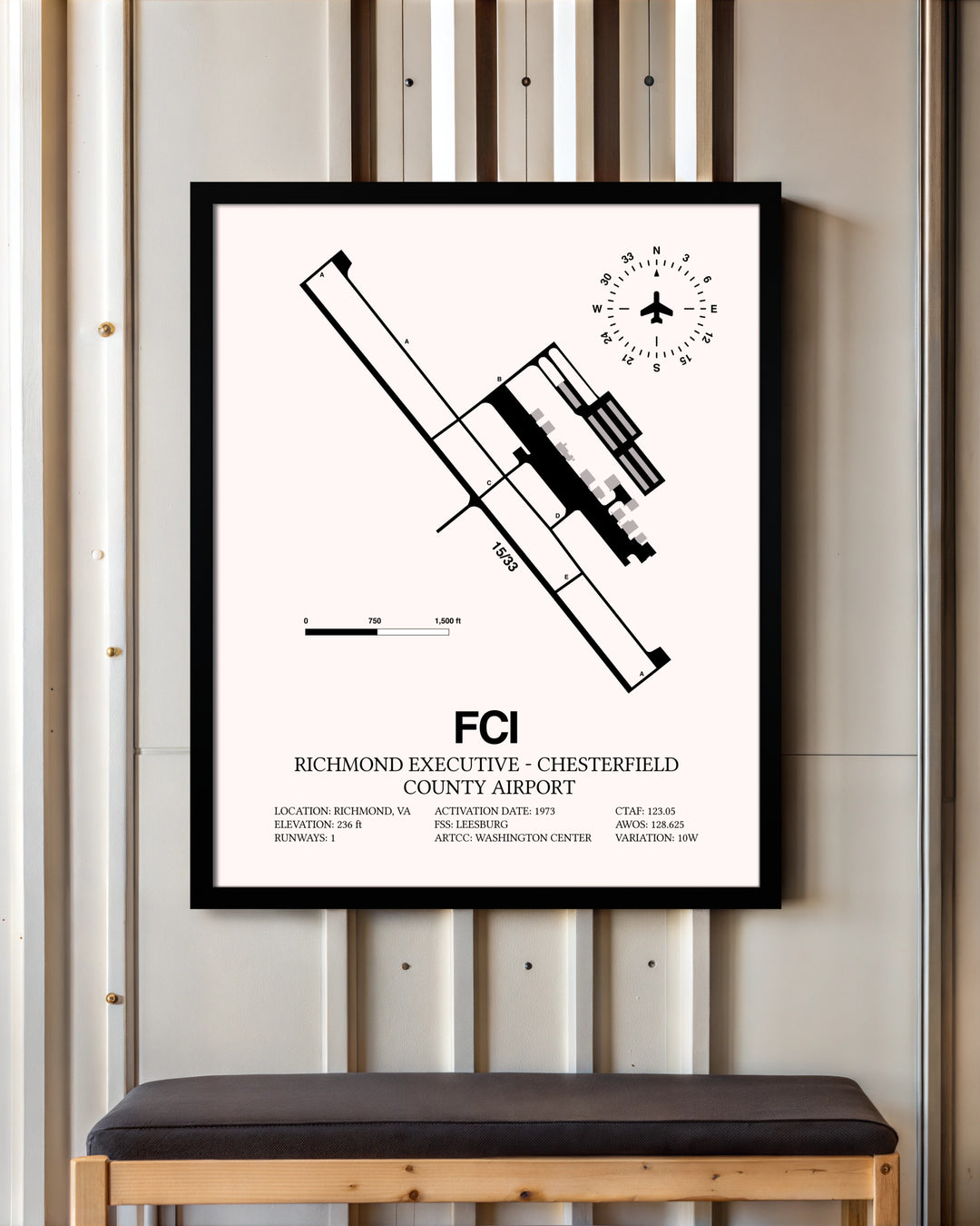 Richmond Executive-Chesterfield County Airport framed poster displayed in an airplane hangar