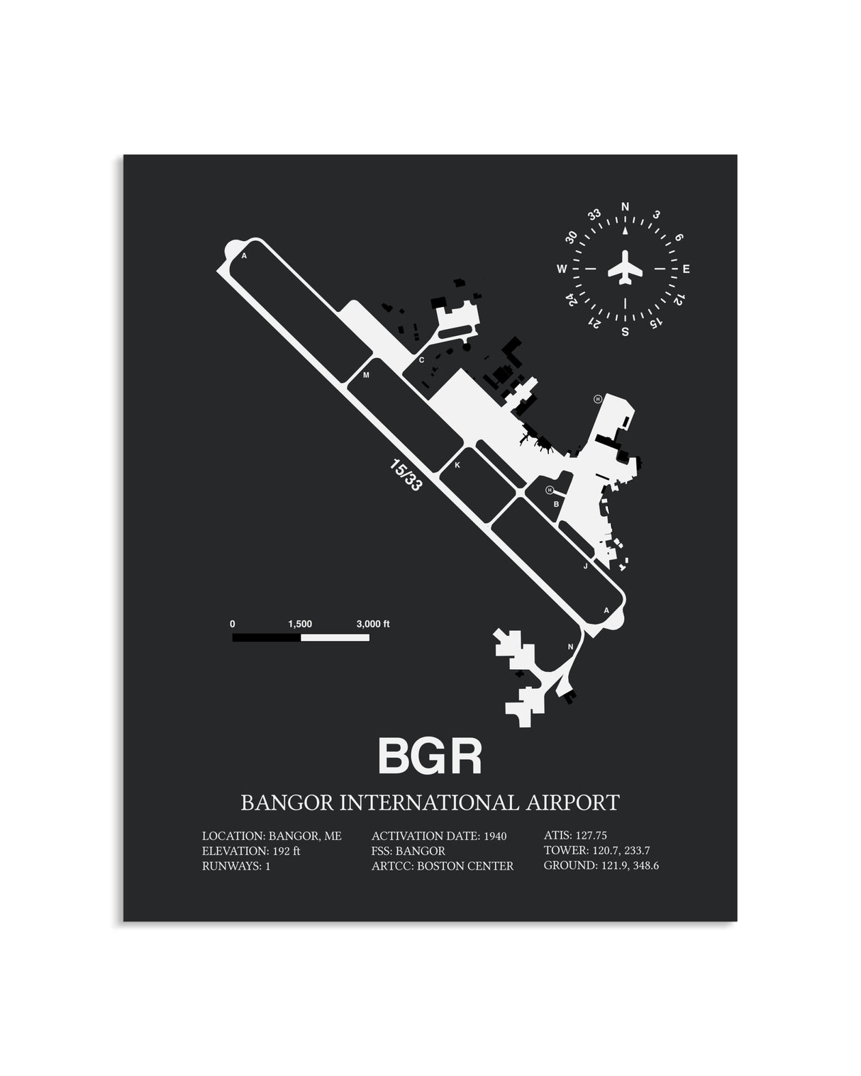 Gray Framed Bangor International Airport layout wall art poster
