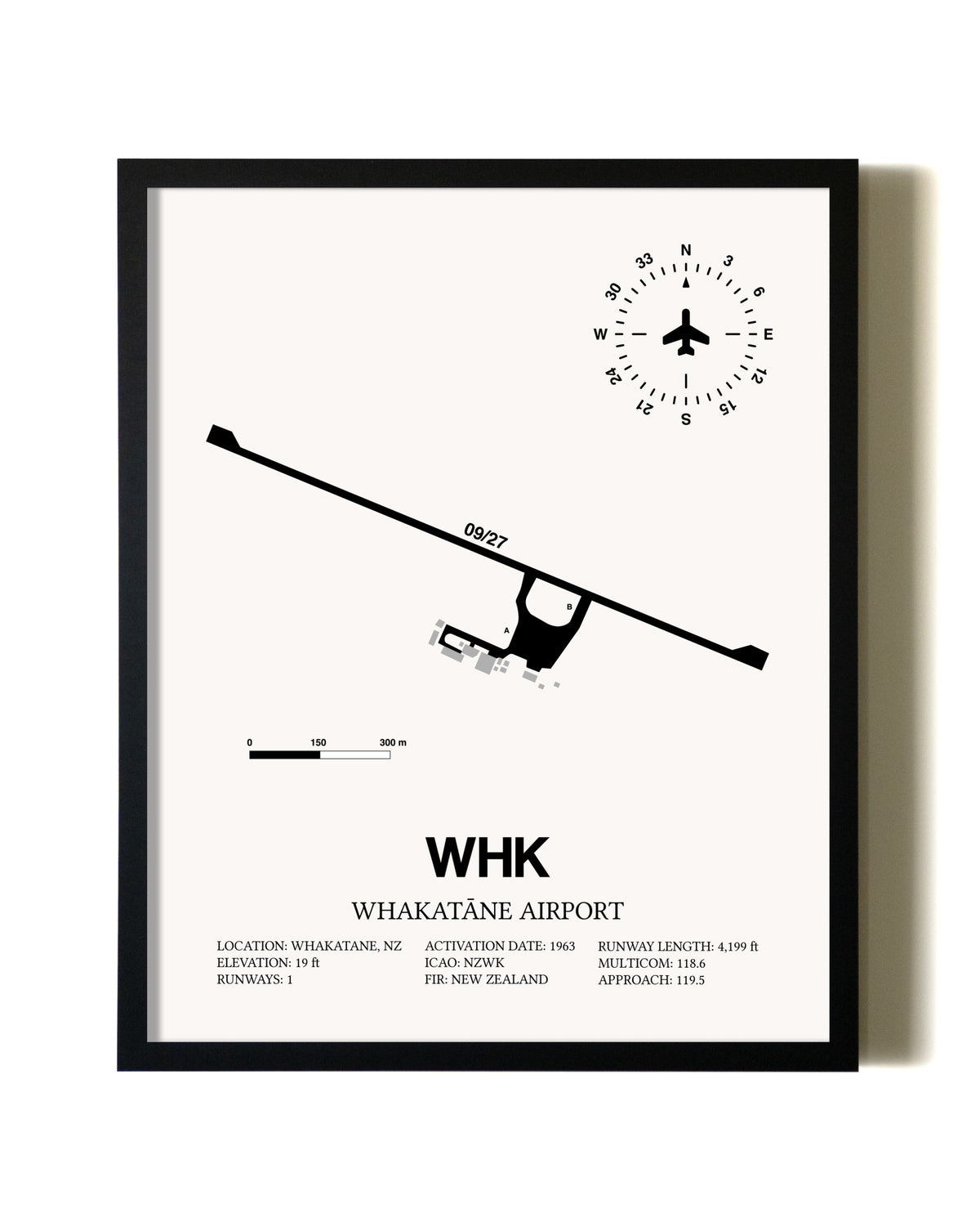 Framed Whakatane Airport wall art poster in black frame