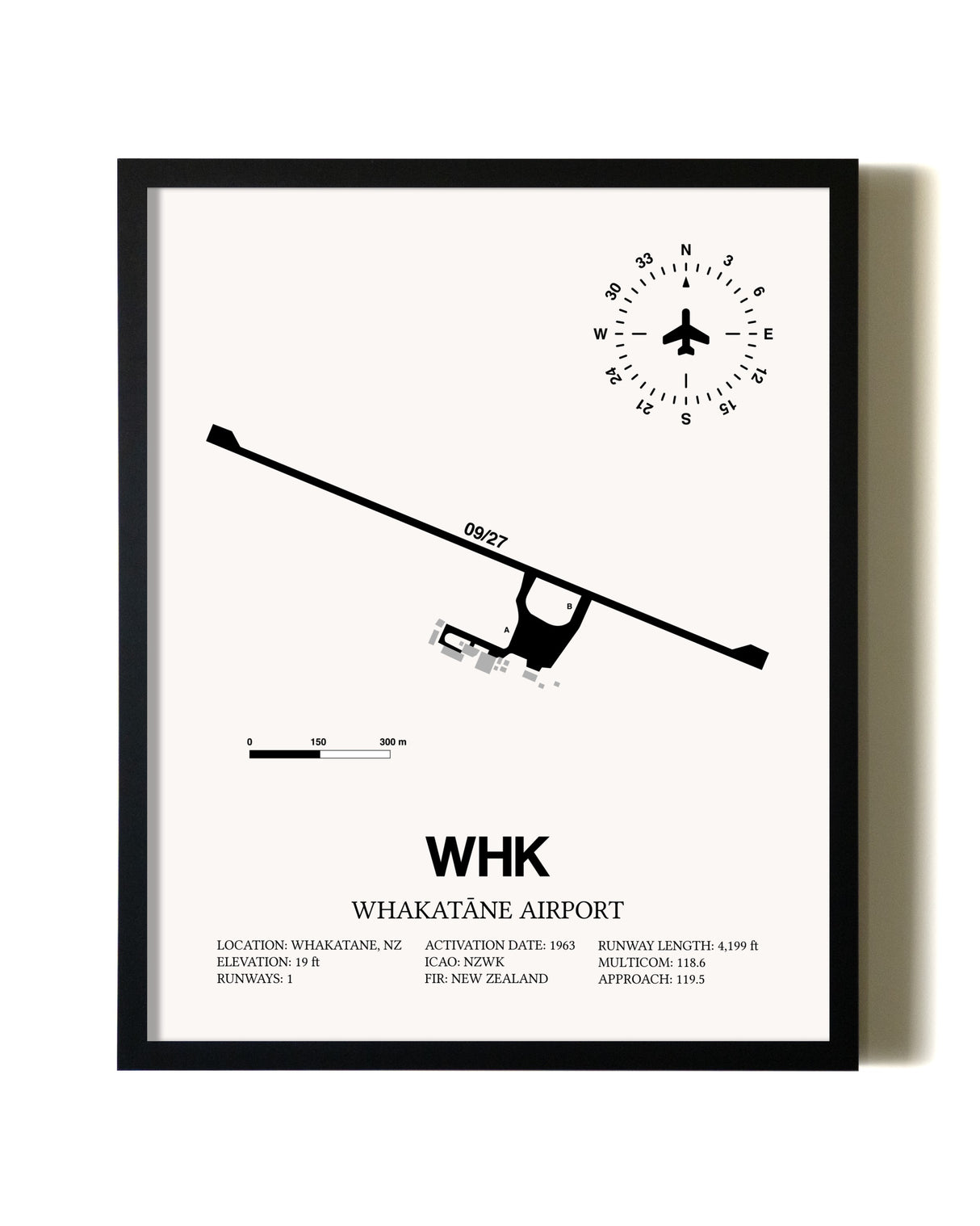 Framed Whakatane Airport wall art poster in black frame