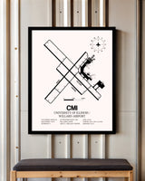University of Illinois / Willard Airport framed poster displayed in an airplane hangar