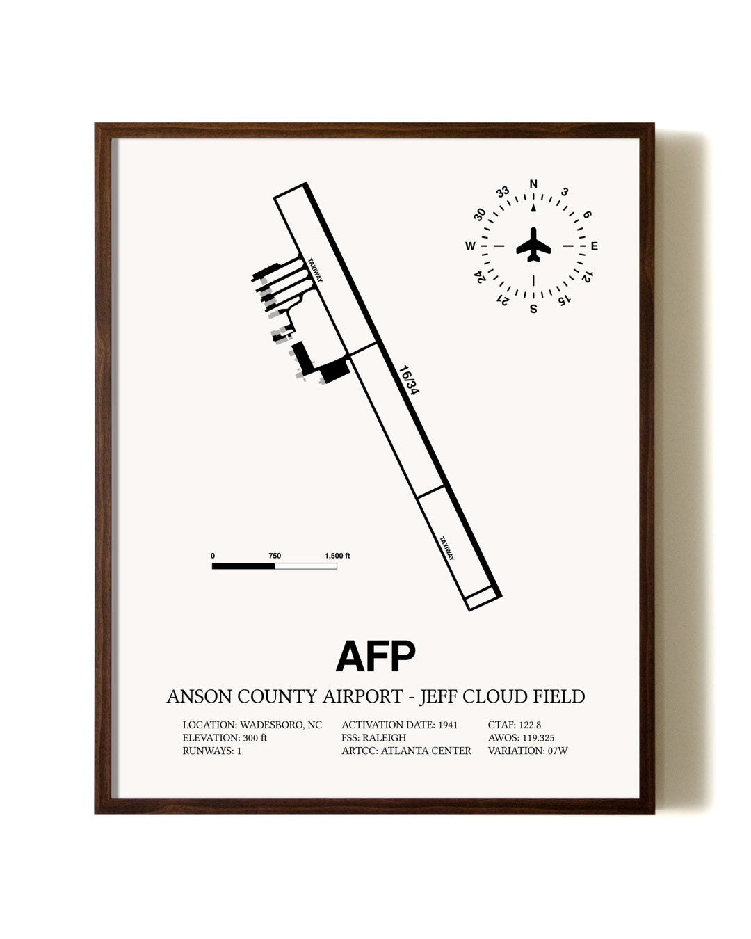 Anson County Airport - Jeff Cloud Field aviation print in walnut frame
