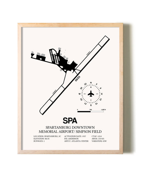 Spartanburg Downtown Memorial Airport / Simpson Field framed wall art in white frame