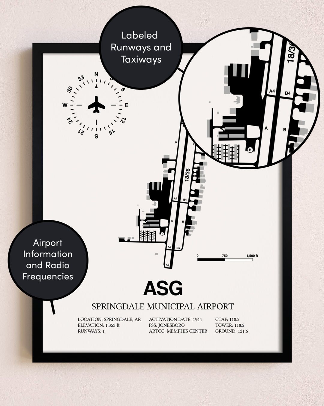 Framed Springdale Municipal Airport layout wall art poster