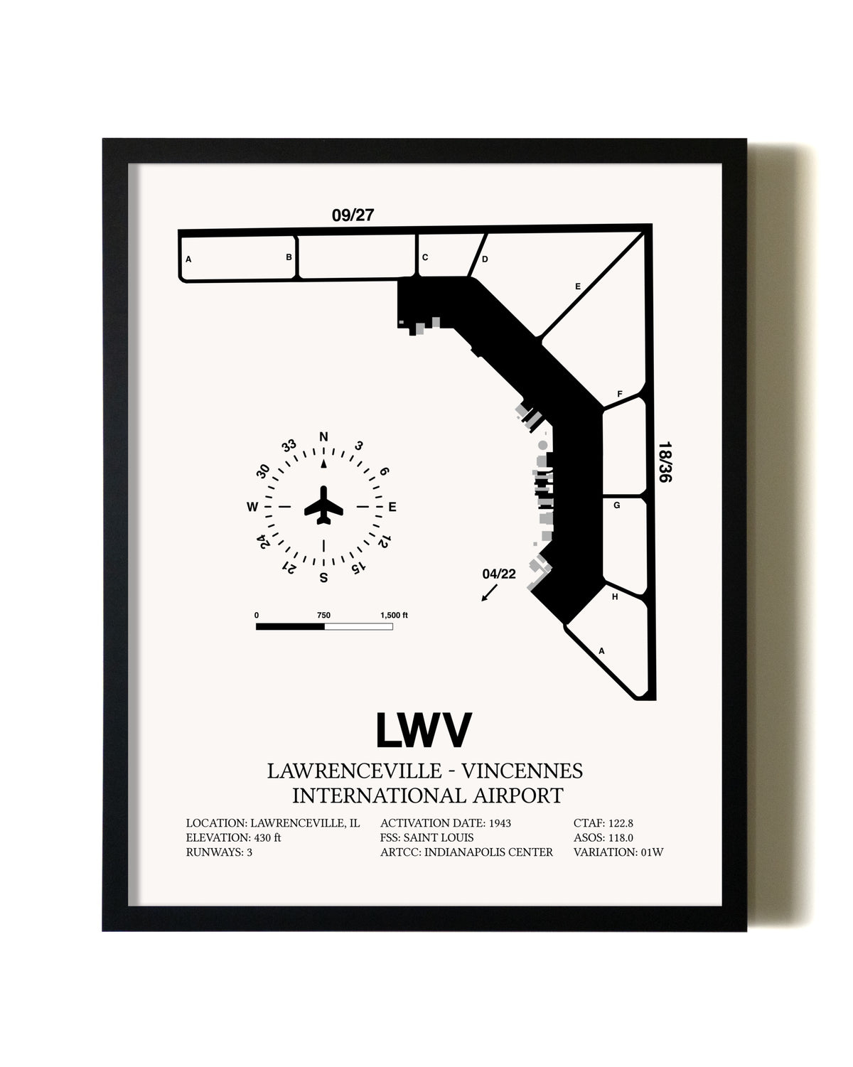 Framed Lawrenceville-Vincennes International Airport wall art poster in black frame