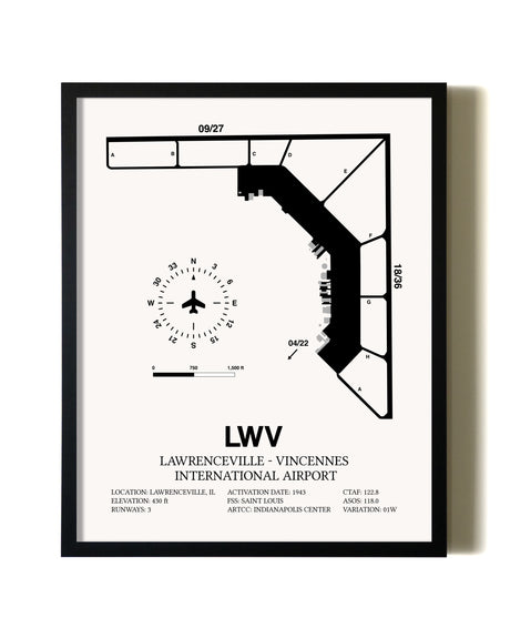 Framed Lawrenceville-Vincennes International Airport wall art poster in black frame