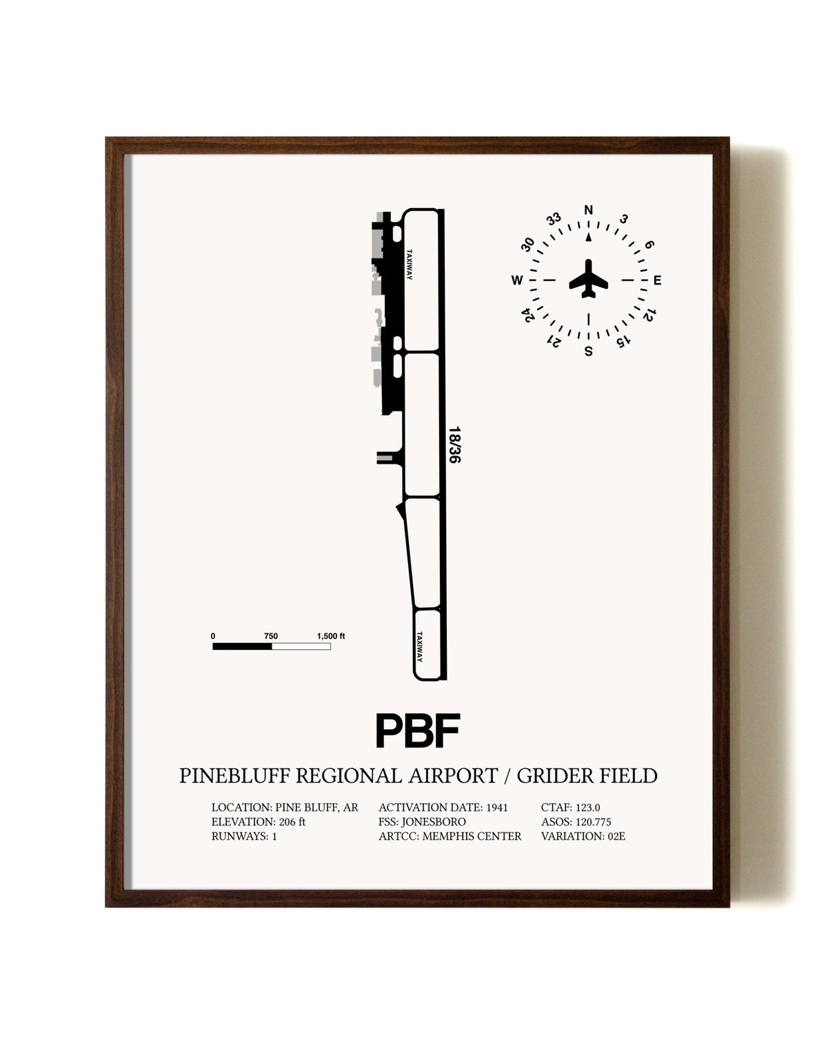 Pinebluff Regional Airport / Grider Field aviation print in walnut frame