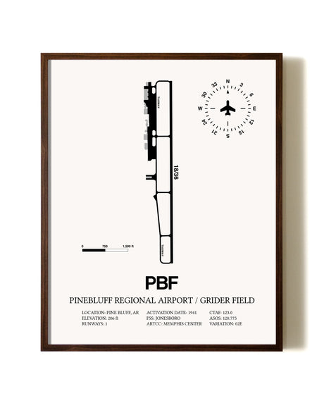 Pinebluff Regional Airport / Grider Field aviation print in walnut frame