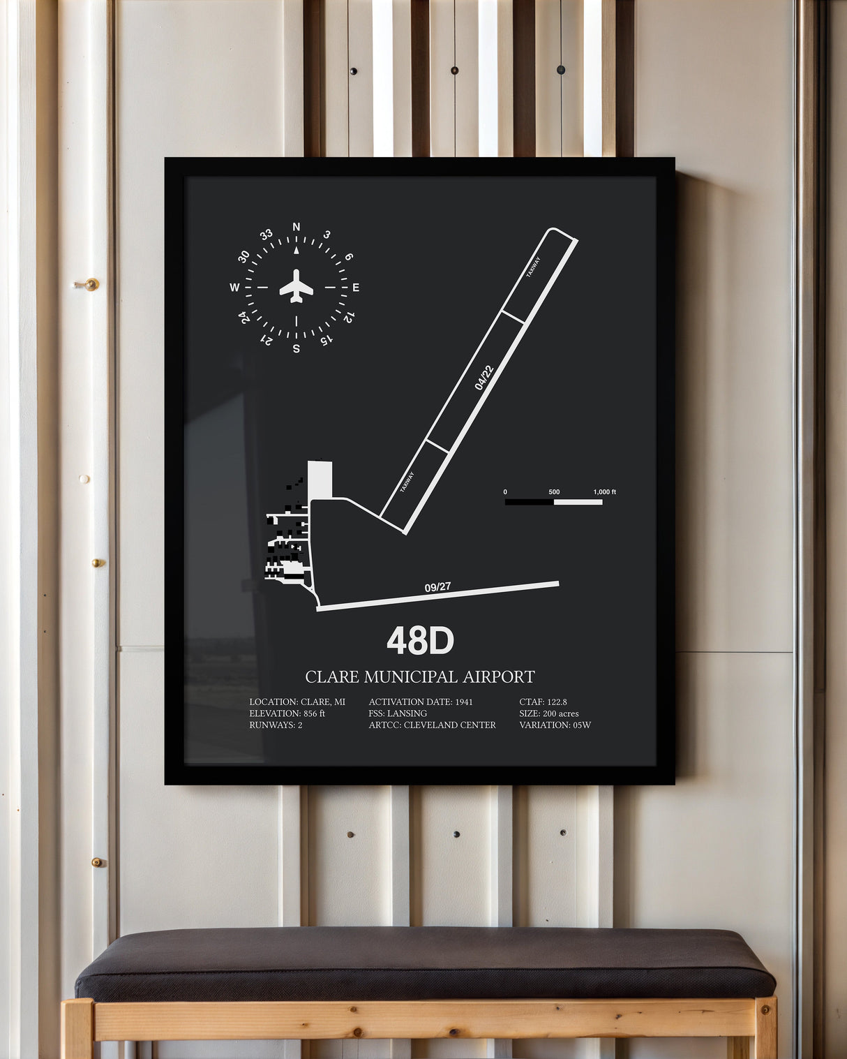 Framed Detailed Airport Map of Clare Municipal Airport (48D) in Gray with a Black Frame