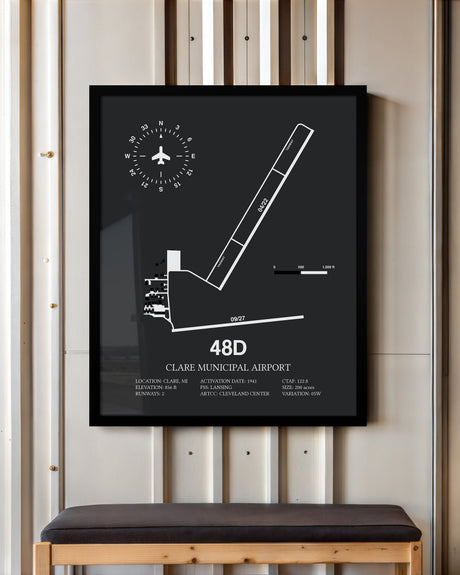 Framed Detailed Airport Map of Clare Municipal Airport (48D) in Gray with a Black Frame