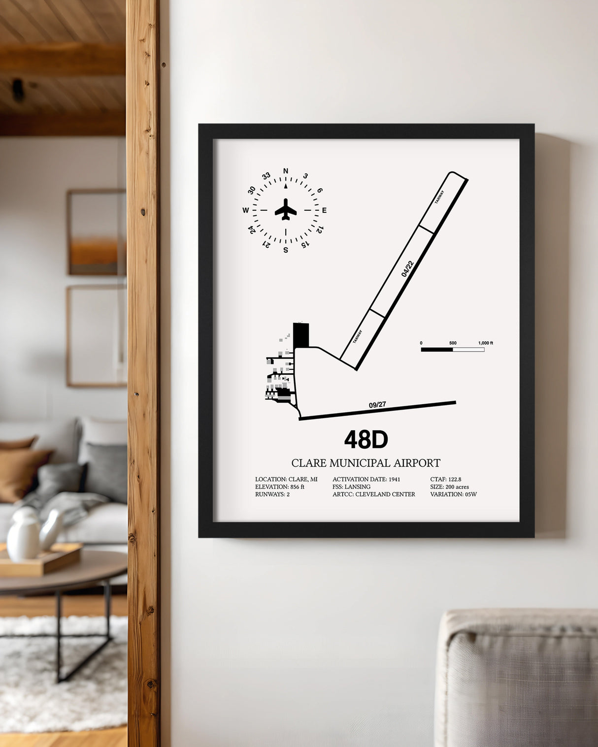 Framed Detailed Airport Map of Clare Municipal Airport (48D) in White with a Black Frame