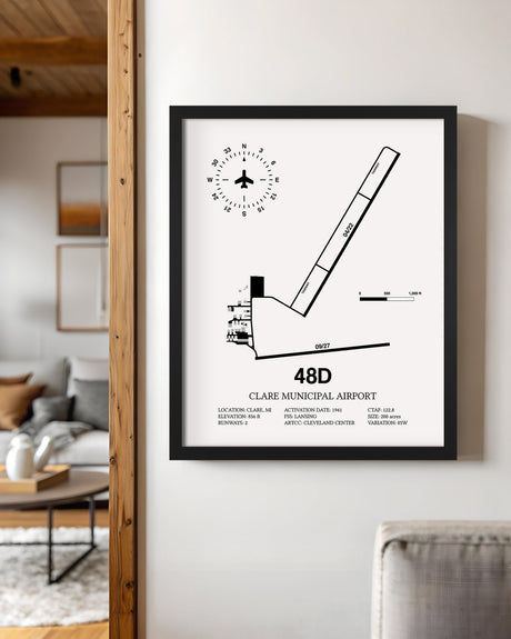 Framed Detailed Airport Map of Clare Municipal Airport (48D) in White with a Black Frame