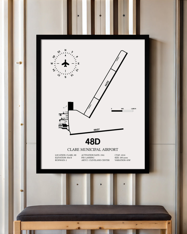 Framed Detailed Airport Map of Clare Municipal Airport (48D) in White with a Black Frame