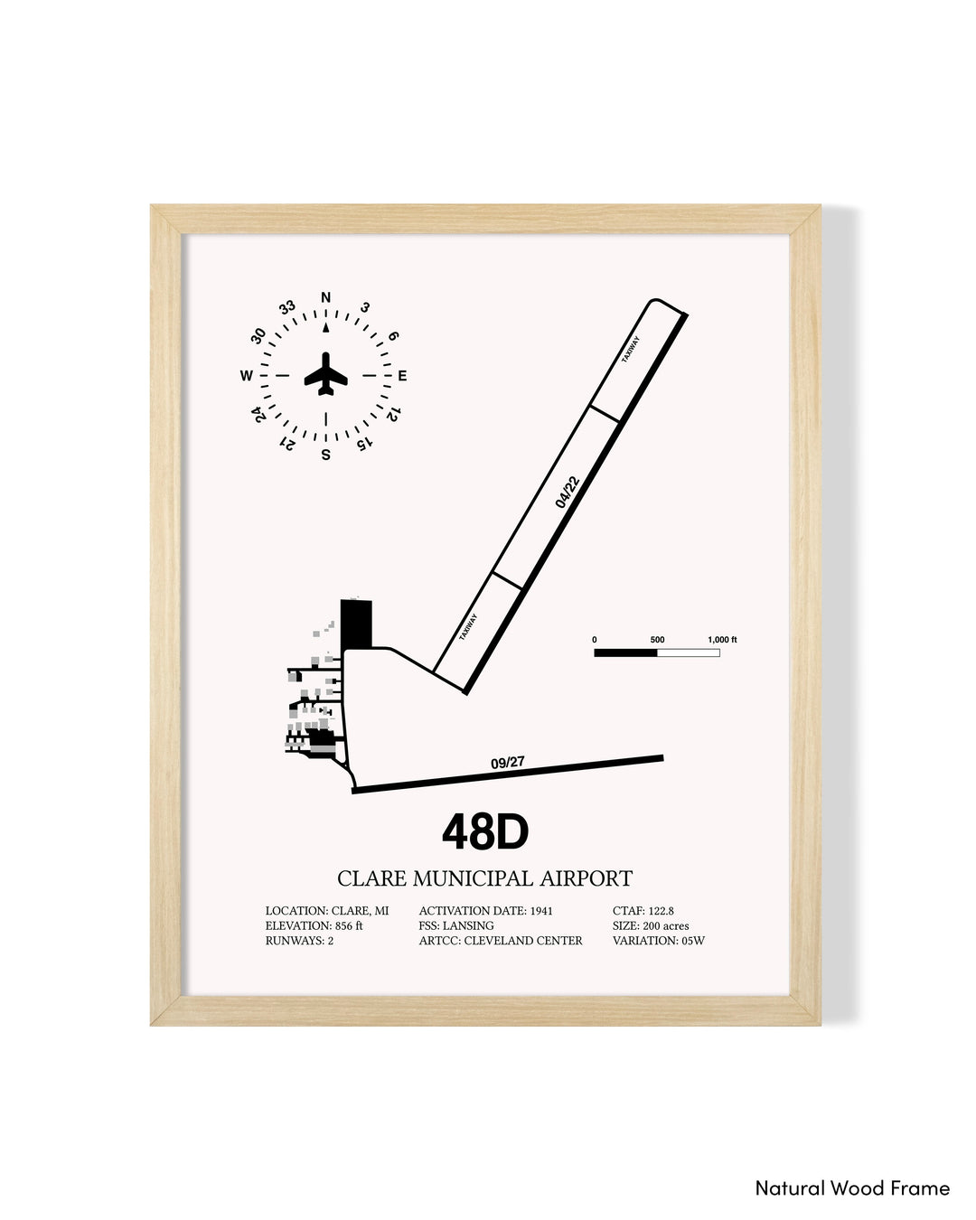 Detailed Airport Map of Clare Municipal Airport (48D) in White with a Natural Frame