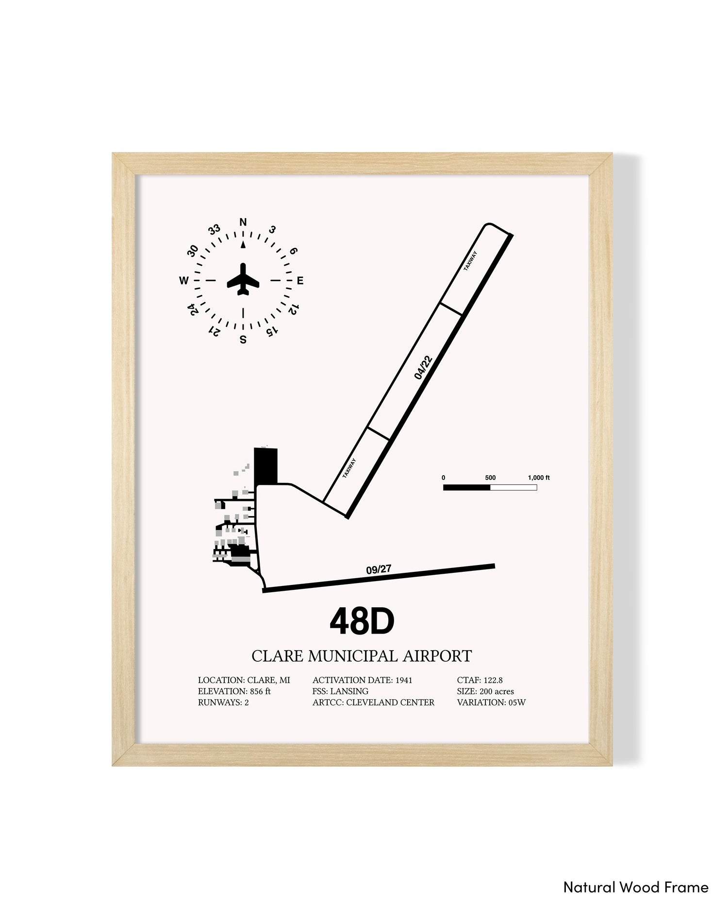 Detailed Airport Map of Clare Municipal Airport (48D) in White with a Natural Frame