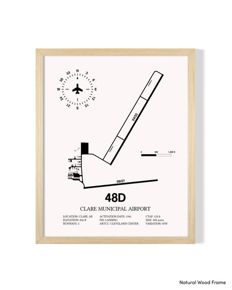 Detailed Airport Map of Clare Municipal Airport (48D) in White with a Natural Frame