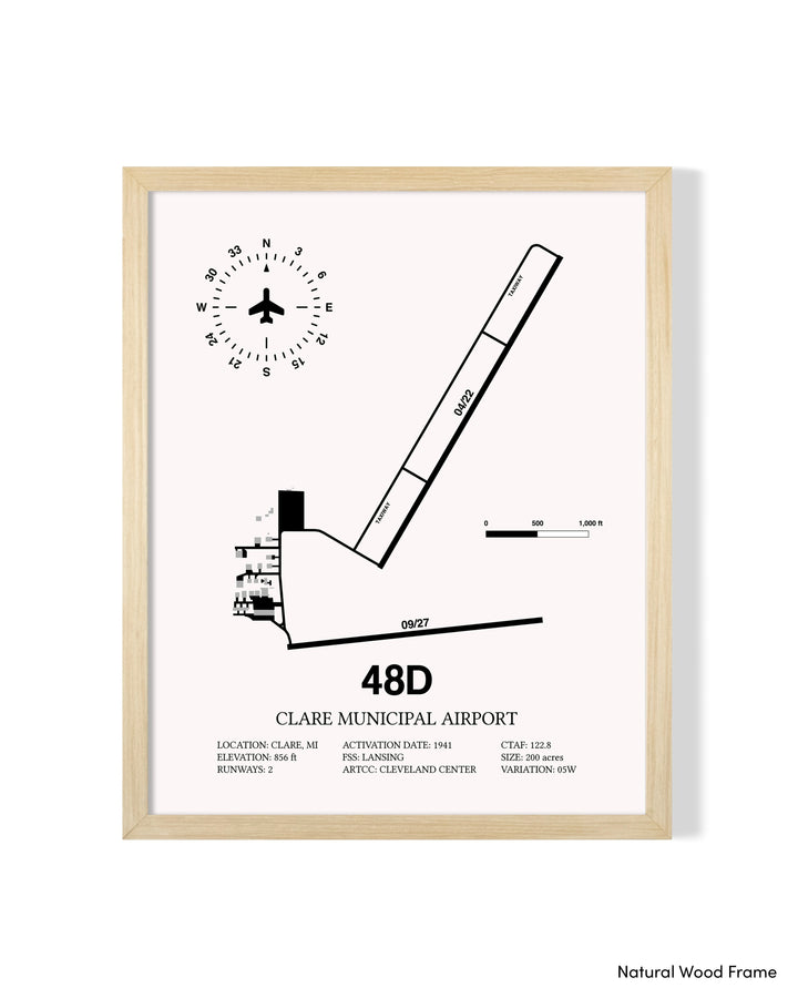 Detailed Airport Map of Clare Municipal Airport (48D) in White with a Natural Frame