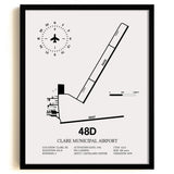 Framed Detailed Airport Map of Clare Municipal Airport (48D) in White with a Black Frame