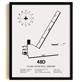 Framed Detailed Airport Map of Clare Municipal Airport (48D) in White with a Black Frame