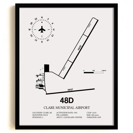 Framed Detailed Airport Map of Clare Municipal Airport (48D) in White with a Black Frame