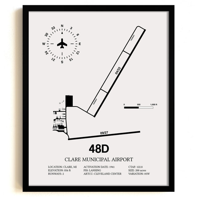 Framed Detailed Airport Map of Clare Municipal Airport (48D) in White with a Black Frame