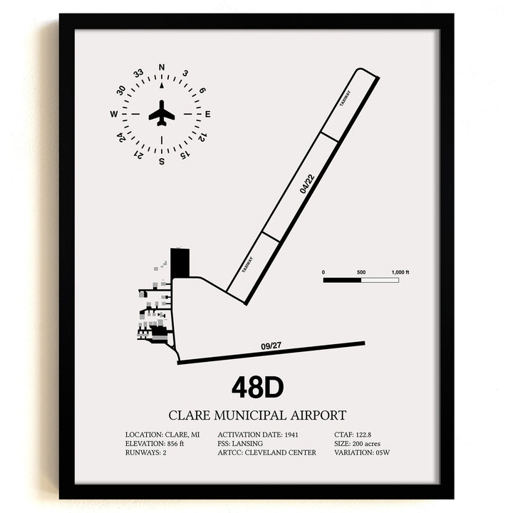 Framed Detailed Airport Map of Clare Municipal Airport (48D) in White with a Black Frame