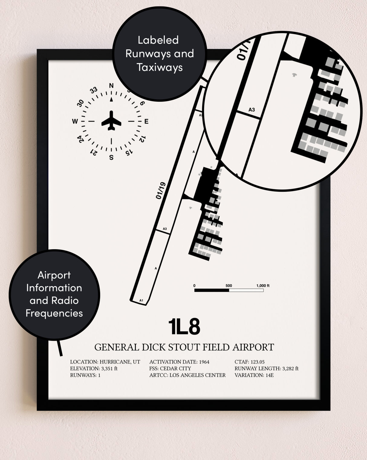 Framed General Dick Stout Field Airport layout wall art poster