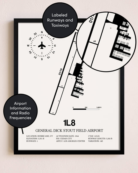 Framed General Dick Stout Field Airport layout wall art poster