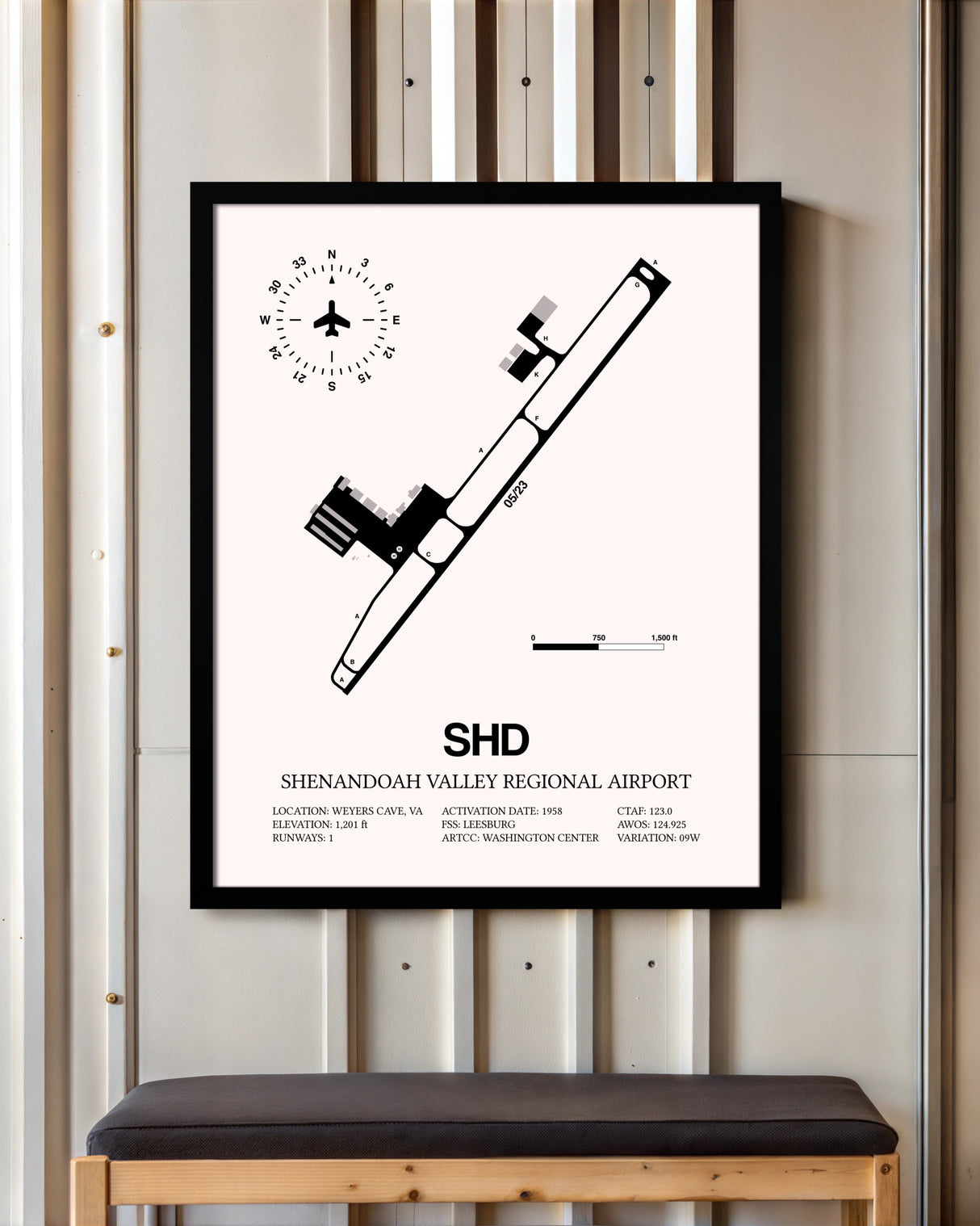 Shenandoah Valley Regional Airport framed poster displayed in an airplane hangar