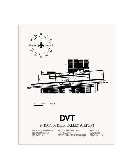 Gray Phoenix Deer Valley Airport framed poster displayed in an airplane hangar