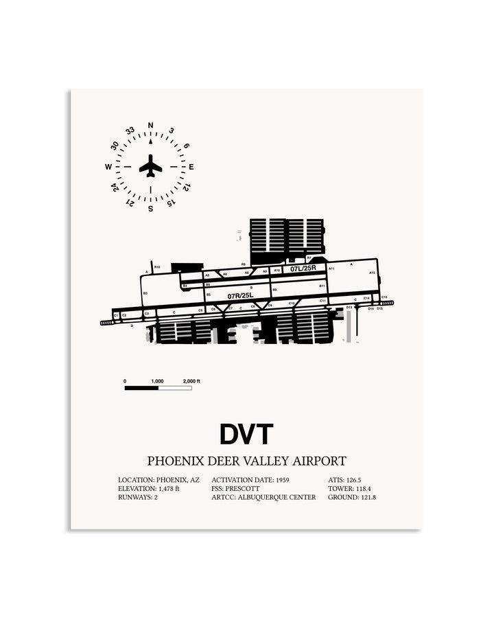 Gray Phoenix Deer Valley Airport framed poster displayed in an airplane hangar