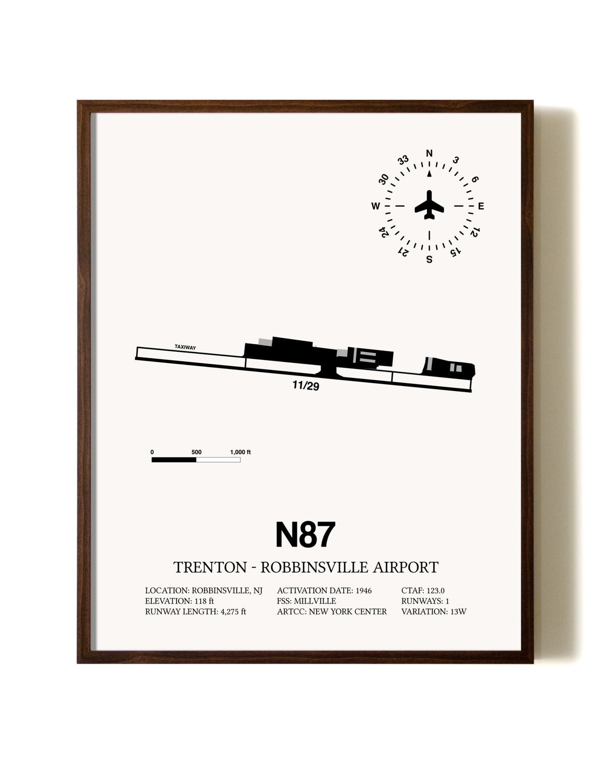 Trenton-Robbinsville Airport aviation print in walnut frame