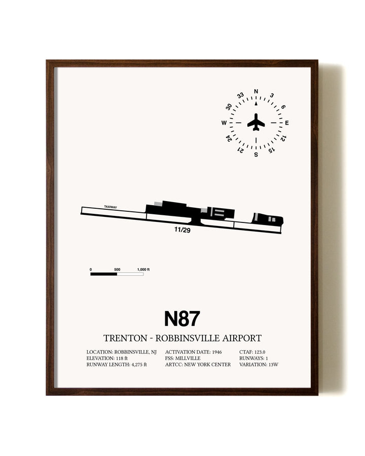 Trenton-Robbinsville Airport aviation print in walnut frame