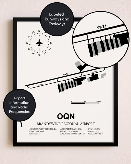 Framed Brandywine Regional Airport layout wall art poster