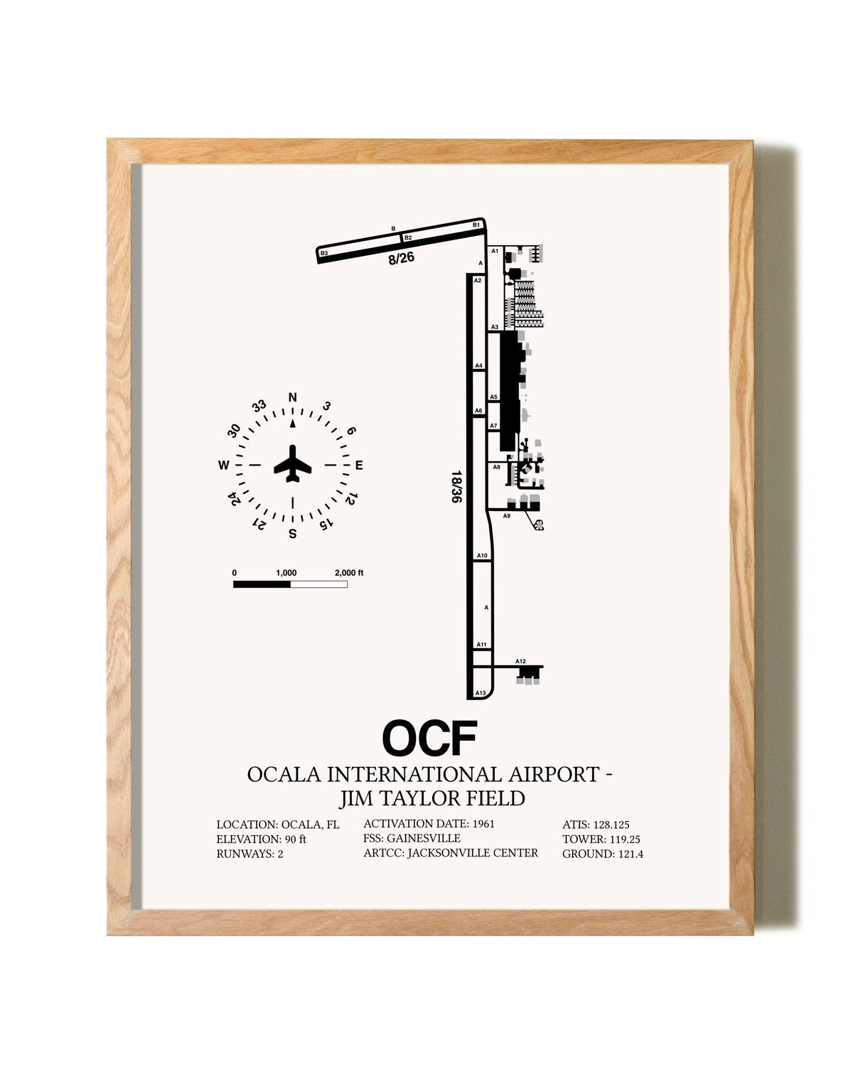 Ocala International Airport-Jim Taylor Field framed print in natural wood frame