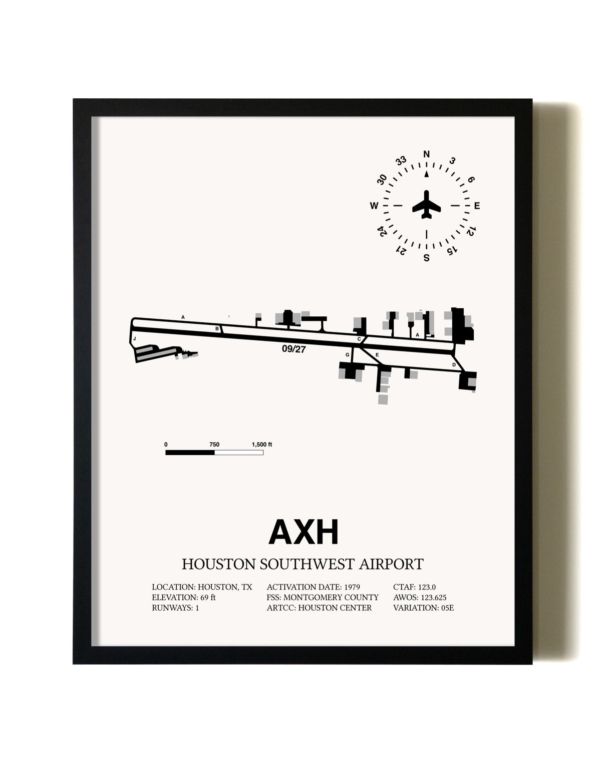 Framed Houston Southwest Airport wall art poster in black frame