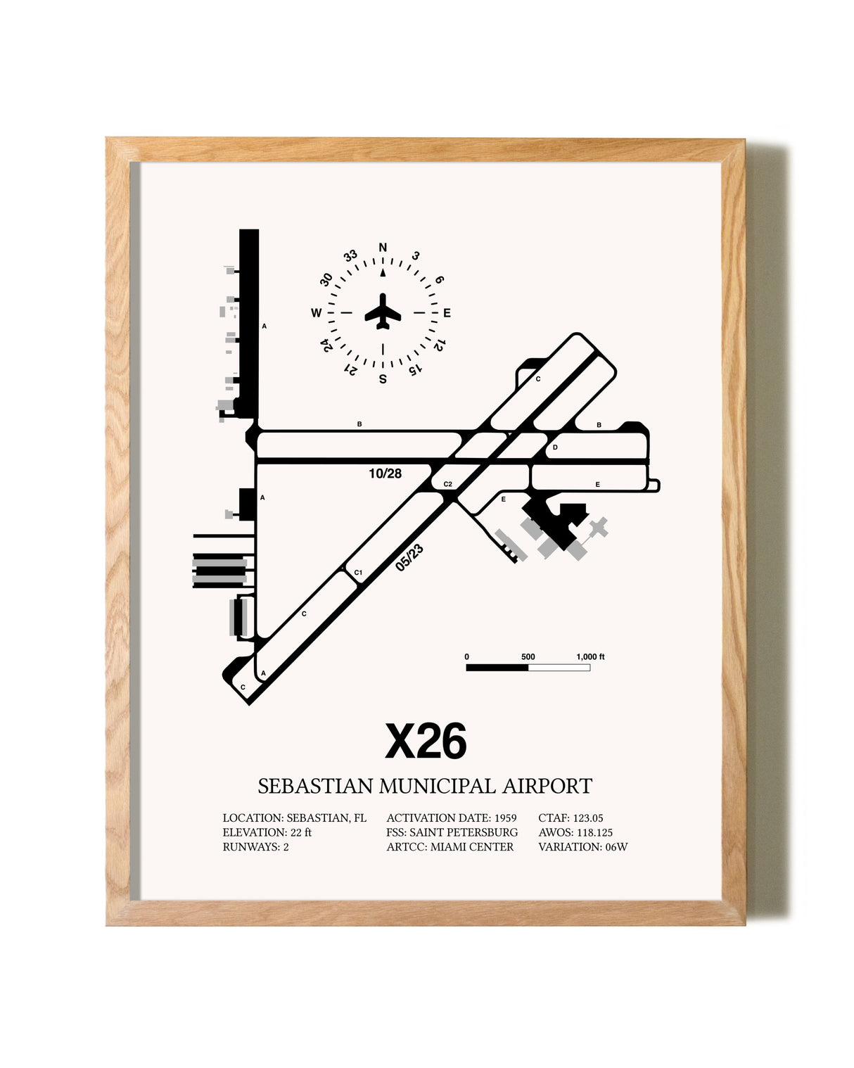 Sebastian Municipal Airport framed print in natural wood frame